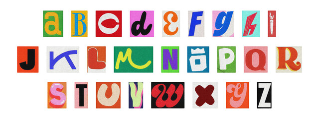 Ransom note style English alphabet set, cut-out colorful magazine letters