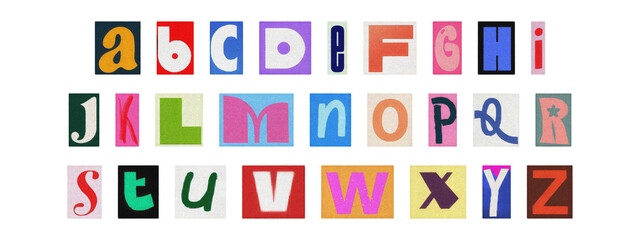 Ransom note style English alphabet set, cut-out colorful magazine letters