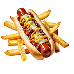 Delicious Hot Dog with Chili Sauce  Melted Cheese  and Golden Fries, Generative AI
