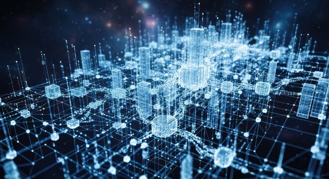 Digital Cityscape - Futuristic Network of Connected Structures.
