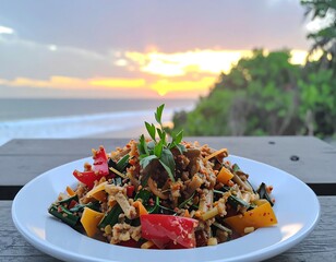 Colorful dish with sunset view