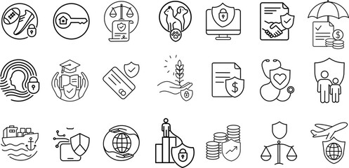 Cybersecurity and Protection Stroke Icon Collection. Featuring Data Safety, Legal Shield, Financial Security, and Global Defense Symbols.