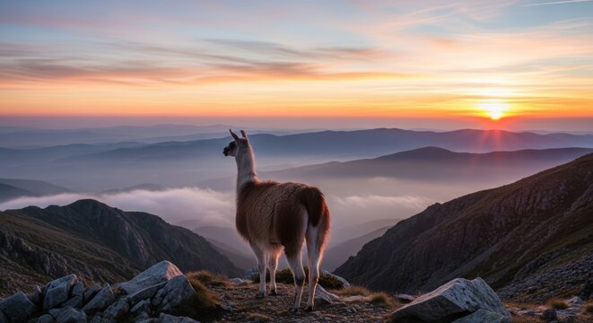 Llama on Mountain Peak at Sunrise with Misty Valley Below. - Powered by Adobe
