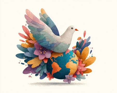 World Peace Day banner with a bird flying over a globe and another circling it, representing global unity