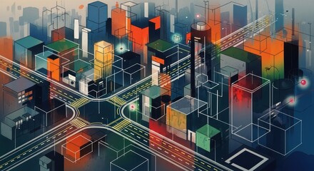 Futuristic Cityscape with Interconnected Networks and Vibrant Buildings.