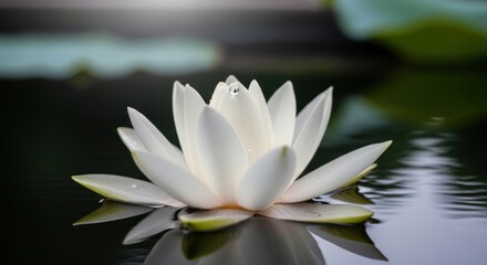 Beautiful White Lotus Flower Floating on Dark Water Surface.