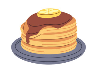 Stacked homemade pancakes chocolate topping