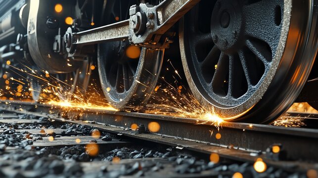 A stunning close-up of train wheels and connecting rods in motion, capturing the dynamic energy with sparks and grime in a photo-realistic macro shot.