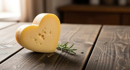 Heart-shaped cheese with rosemary on wooden table.