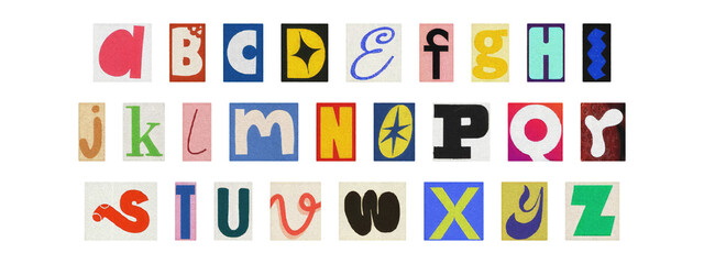 Typography collage of ransom style letters, retro English alphabet set