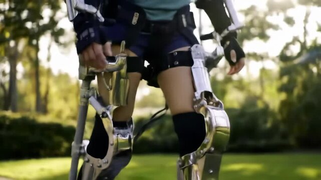 Person walking outdoors using advanced robotic leg exoskeleton