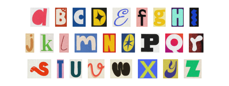 Typography collage of ransom style letters, retro English alphabet set