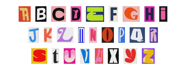 Typography collage of ransom style letters, retro English alphabet set