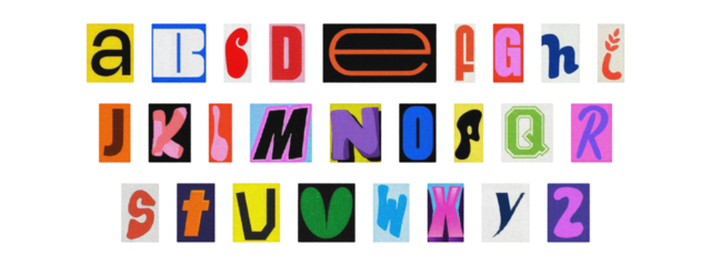 Typography collage of ransom style letters, retro English alphabet set