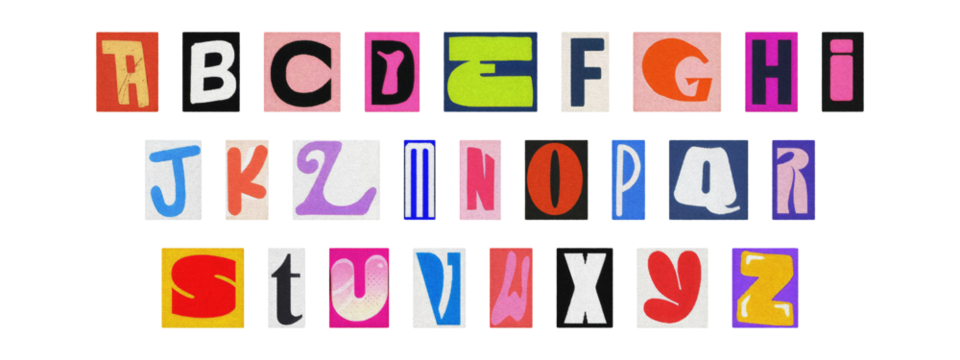 Typography collage of ransom style letters, retro English alphabet set