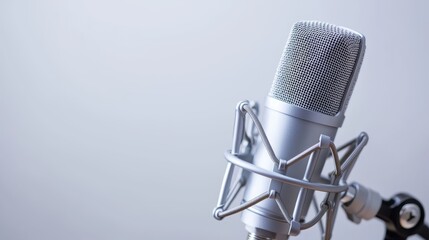 Detailed close up of professional studio condenser microphone ready for recording isolated against pristine solid white background representing audio production and broadcasting