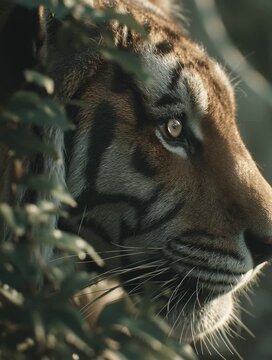 Close Up of Tiger&rsquo;s Head Turning in Misty Foliage
