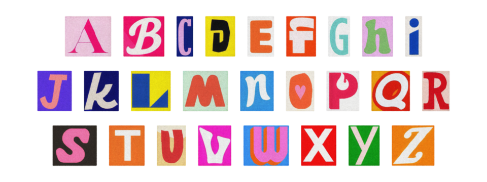 Typography collage of ransom style letters, retro English alphabet set