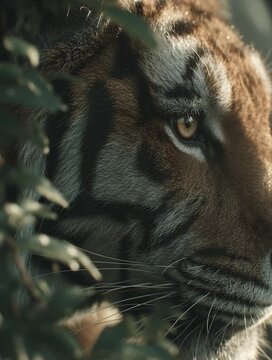 Siberian Tiger Watching Quietly from the Jungle Shadows