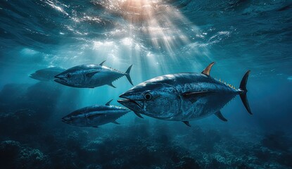 Obraz premium Tuna fish swim in sunlit ocean depths