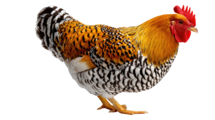 Vibrant Rooster Profile: A striking, full-body profile of a regal rooster showcases its stunning plumage and distinctive comb, capturing the essence of poultry and farm life.
