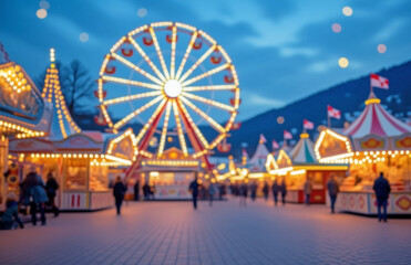 Brightly lit ferris wheel and carnival booths at dusk with festive lights and blurred visitors, cheerful lifestyle amusement park background
