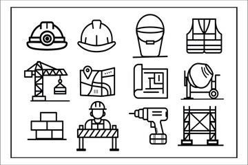 Construction Icons Set Featuring Safety Gear and Equipment Designs