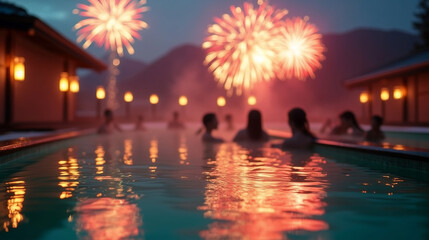 Group of people relaxing in outdoor hot spring pool with fireworks lighting up night sky in festive lifestyle celebration background