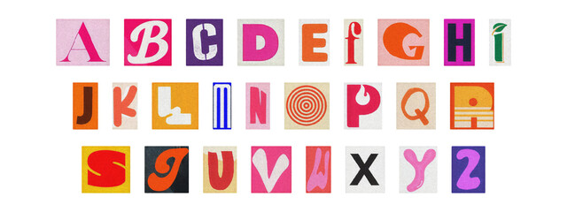 Multicolor cut-out ransom alphabet, scrapbook style magazine letters
