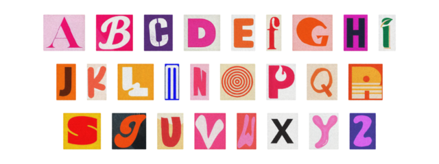 Multicolor cut-out ransom alphabet, scrapbook style magazine letters