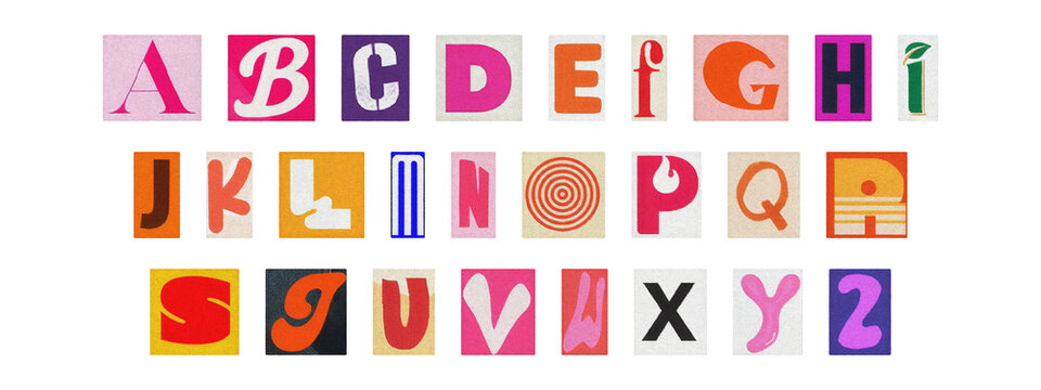 Multicolor cut-out ransom alphabet, scrapbook style magazine letters