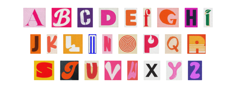Multicolor cut-out ransom alphabet, scrapbook style magazine letters