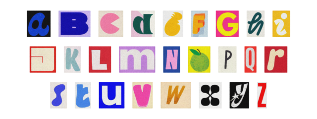 Multicolor cut-out ransom alphabet, scrapbook style magazine letters