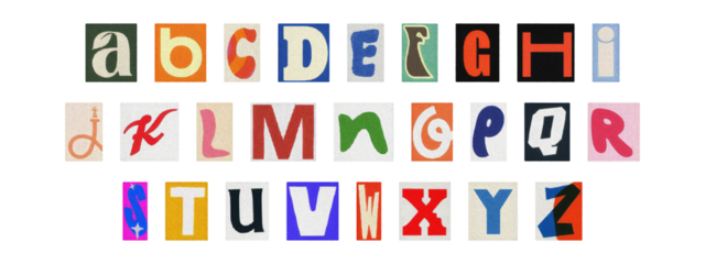 Multicolor cut-out ransom alphabet, scrapbook style magazine letters