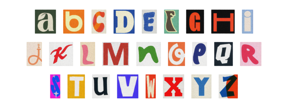 Multicolor cut-out ransom alphabet, scrapbook style magazine letters - Powered by Adobe