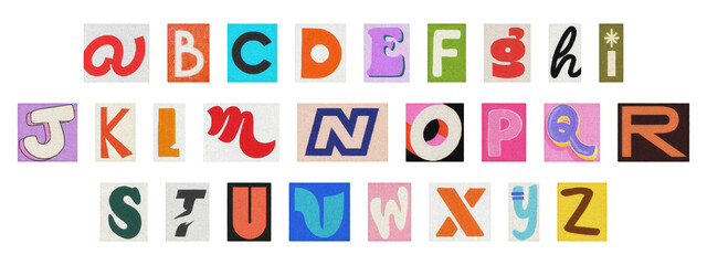 Retro Y2K ransom typography, English alphabet cut-out collage on transparent background