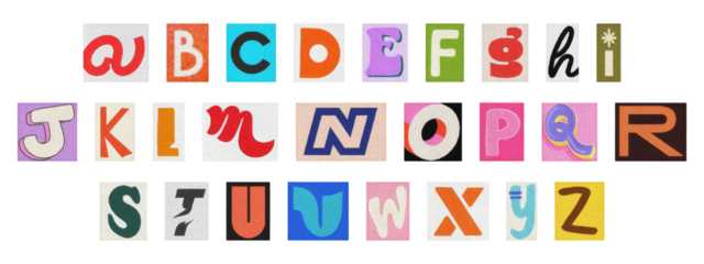 Retro Y2K ransom typography, English alphabet cut-out collage on transparent background