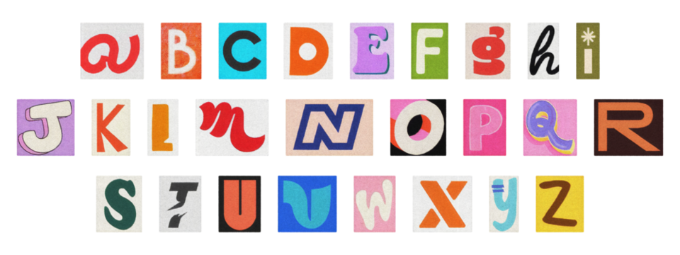 Retro Y2K ransom typography, English alphabet cut-out collage on transparent background