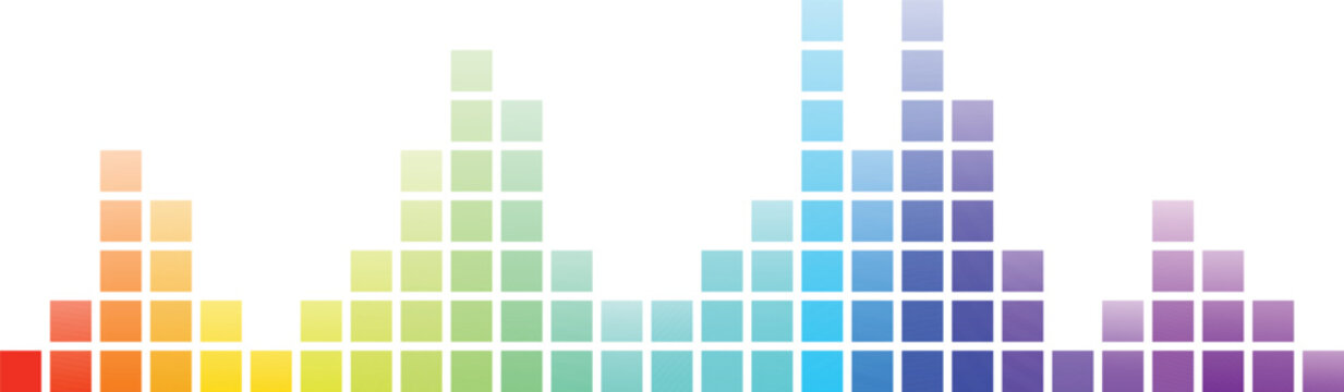 Colorful equalizer bars in rainbow gradient on white background. Abstract soundwave visualization perfect for music, media, and audio interfaces. Clean, modern vector for digital design.