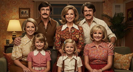 Traditional family posing for a portrait in the living room. Old portrait, retro style.