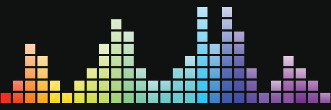 Colorful audio equalizer bars on dark background in rainbow gradient style. Vibrant sound level visualization perfect for music, DJ, or media design. Ideal for digital art and UI projects.