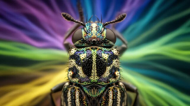 An extreme close-up of a fantastically patterned beetle against a vibrant, swirling, psychedelic background of color