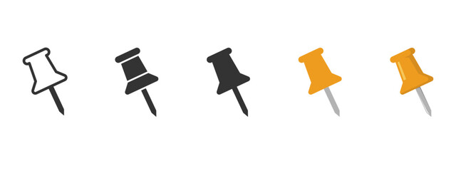 Push pin vector illustration set in outline, black, and orange styles. Thumbtack icons for office stationery, corkboards, reminders, notes, maps, and digital design use