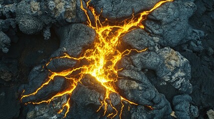 Ancient tree roots glowing beneath a cracked island surface, resembling buried lightning.