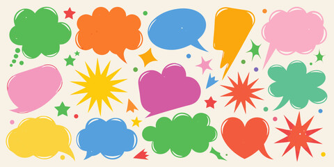 Collection of colorful hand drawn speech bubbles and starbursts on a light background