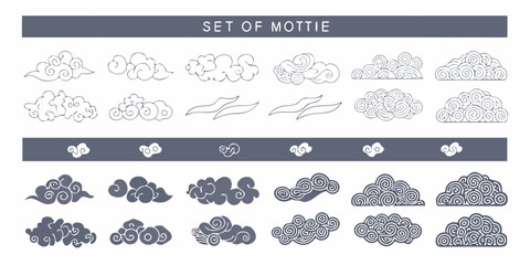 Collection of traditional asian mottie clouds in outline and silhouette styles