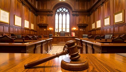 Grand courtroom interior, rich wooden details