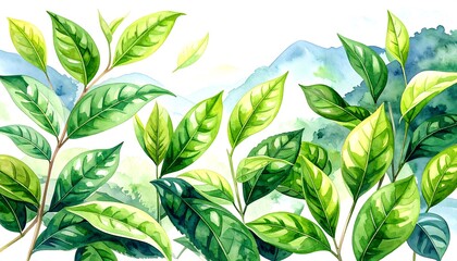 Watercolor illustration of tea leaves and mountain scenery