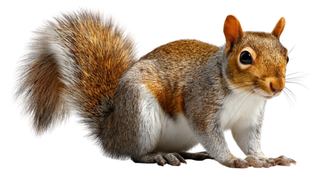 Squirrel Close-Up: A curious squirrel, captured in stunning close-up, stands ready against an artful background, its fluffy tail and inquisitive gaze on full display.