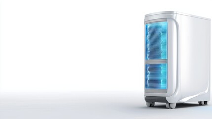 Minimalist home appliance design featuring portable white evaporative air cooler for personal space cooling elegantly positioned on clean reflective white